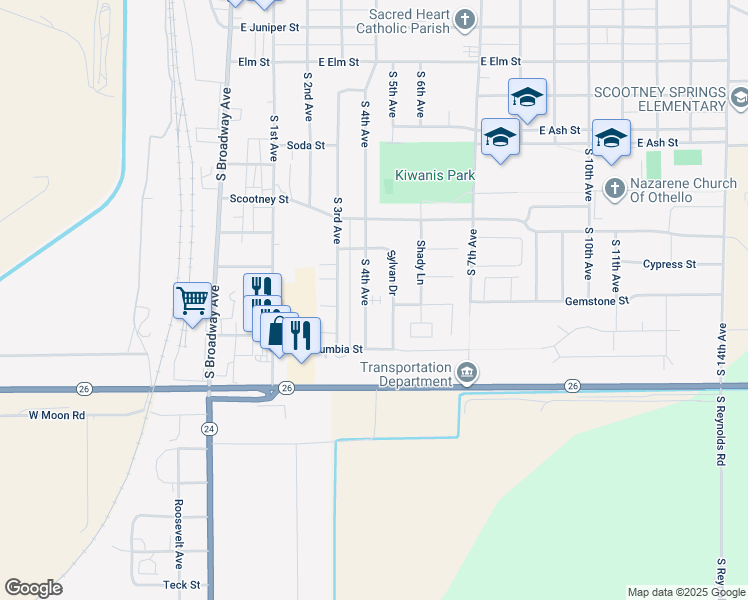 map of restaurants, bars, coffee shops, grocery stores, and more near 1040 Sylvan Drive in Othello