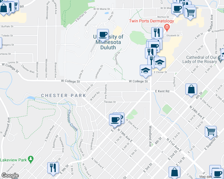 map of restaurants, bars, coffee shops, grocery stores, and more near 218 West Kent Road in Duluth