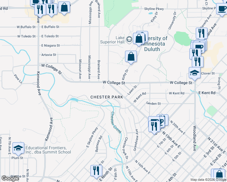 map of restaurants, bars, coffee shops, grocery stores, and more near 1126 Chester Park Drive in Duluth