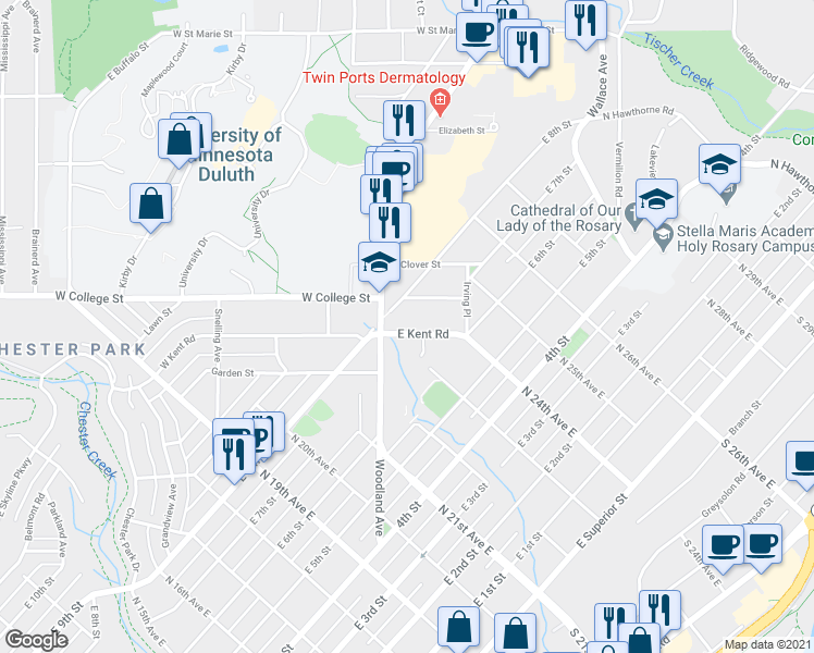 map of restaurants, bars, coffee shops, grocery stores, and more near 15 East Kent Road in Duluth