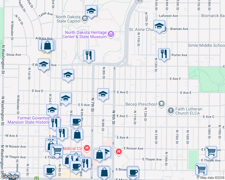 map of restaurants, bars, coffee shops, grocery stores, and more near 829 North 9th Street in Bismarck