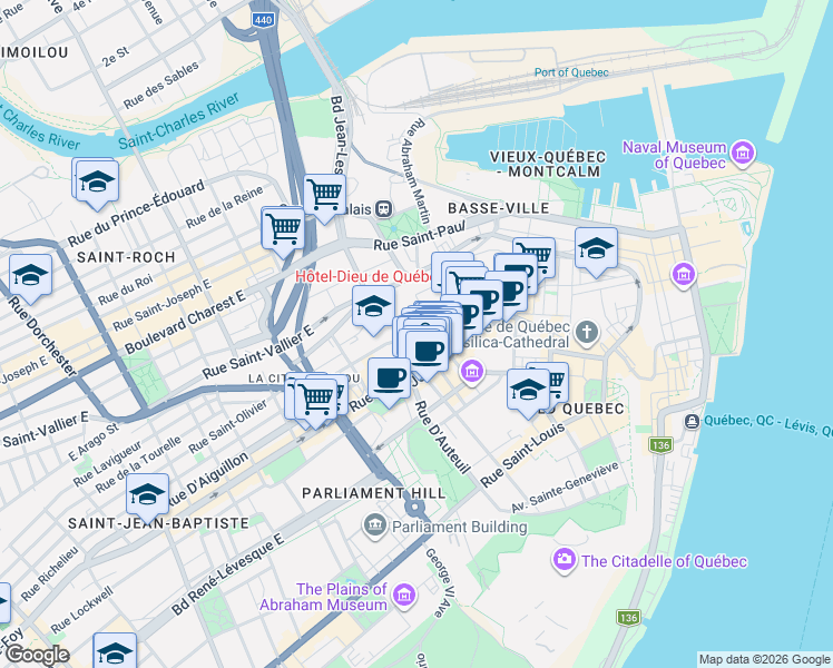 map of restaurants, bars, coffee shops, grocery stores, and more near 1 Rue Sainte Angèle in Québec