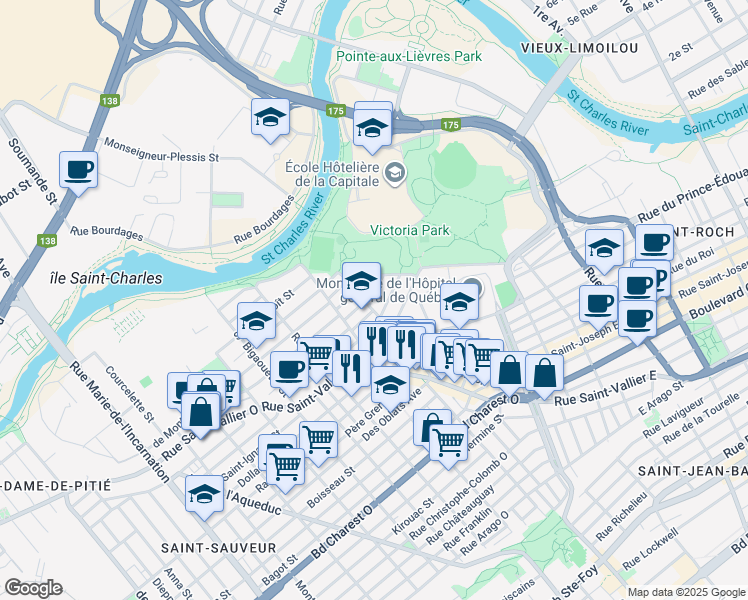 map of restaurants, bars, coffee shops, grocery stores, and more near 191 Rue de Rigauville in Ville de Québec