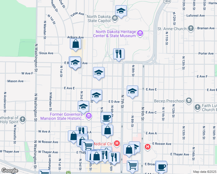 map of restaurants, bars, coffee shops, grocery stores, and more near 822 North 6th Street in Bismarck