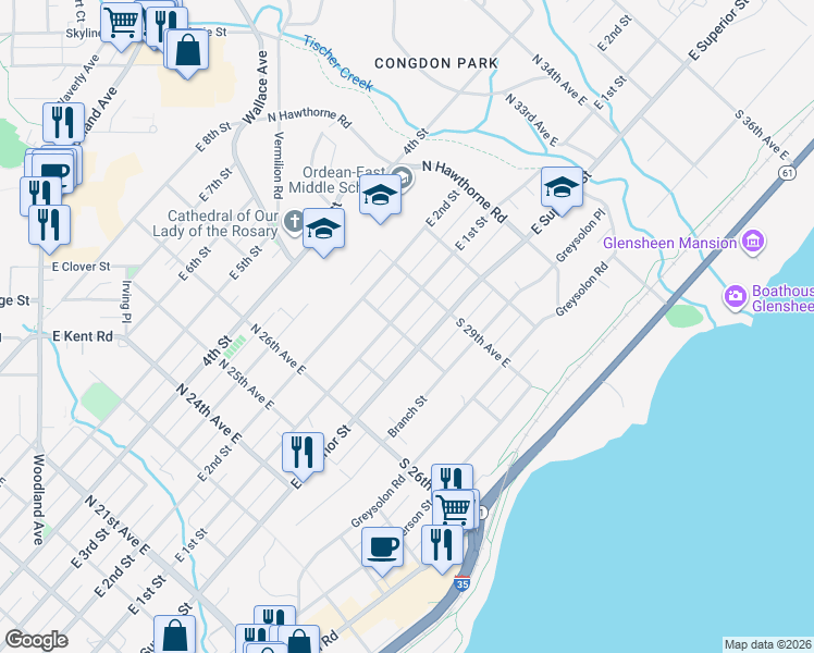 map of restaurants, bars, coffee shops, grocery stores, and more near 2721 East Superior Street in Duluth