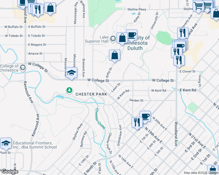 map of restaurants, bars, coffee shops, grocery stores, and more near 1230 North Country National Scenic Trail in Duluth