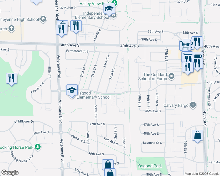 map of restaurants, bars, coffee shops, grocery stores, and more near 5100 44th Avenue South in Fargo
