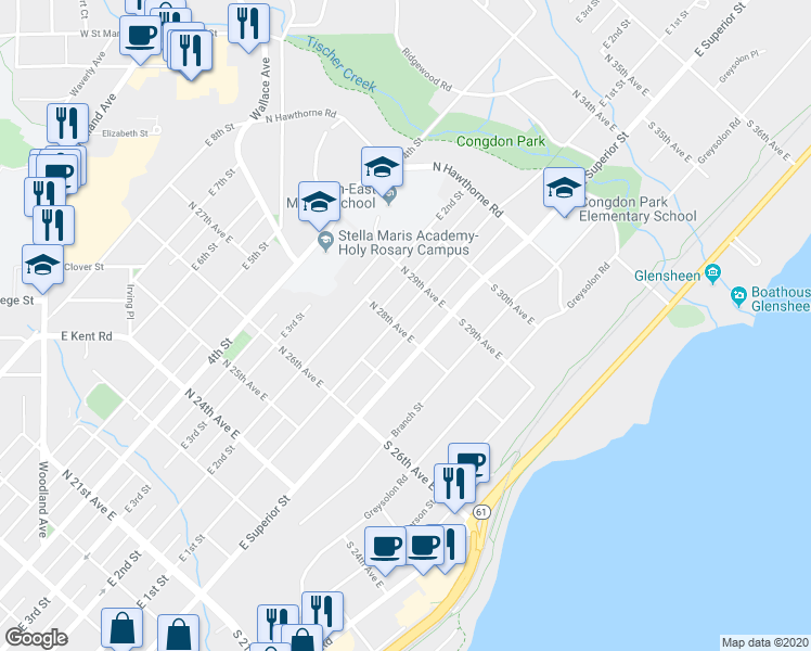 map of restaurants, bars, coffee shops, grocery stores, and more near 26 North 28th Avenue East in Duluth