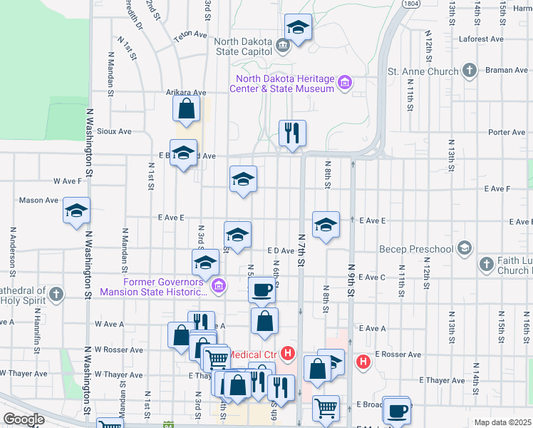 map of restaurants, bars, coffee shops, grocery stores, and more near 822 North 6th Street in Bismarck