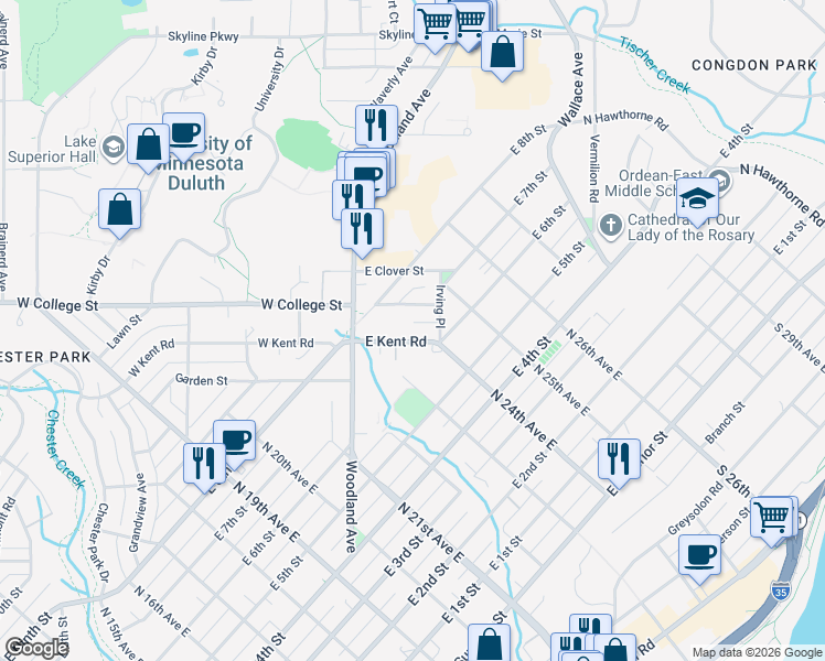 map of restaurants, bars, coffee shops, grocery stores, and more near 44 East Kent Road in Duluth