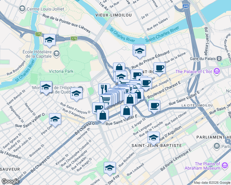 map of restaurants, bars, coffee shops, grocery stores, and more near 261 Rue de la Salle in Québec