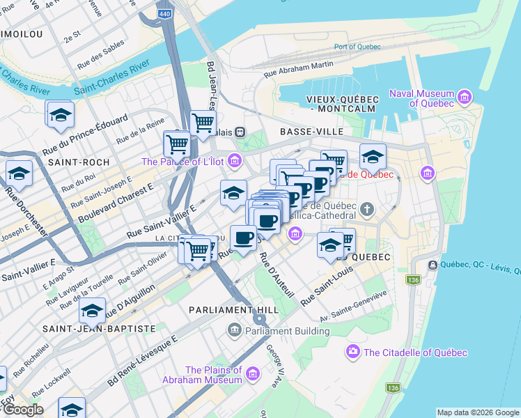 map of restaurants, bars, coffee shops, grocery stores, and more near 1 Rue Sainte Angèle in Québec