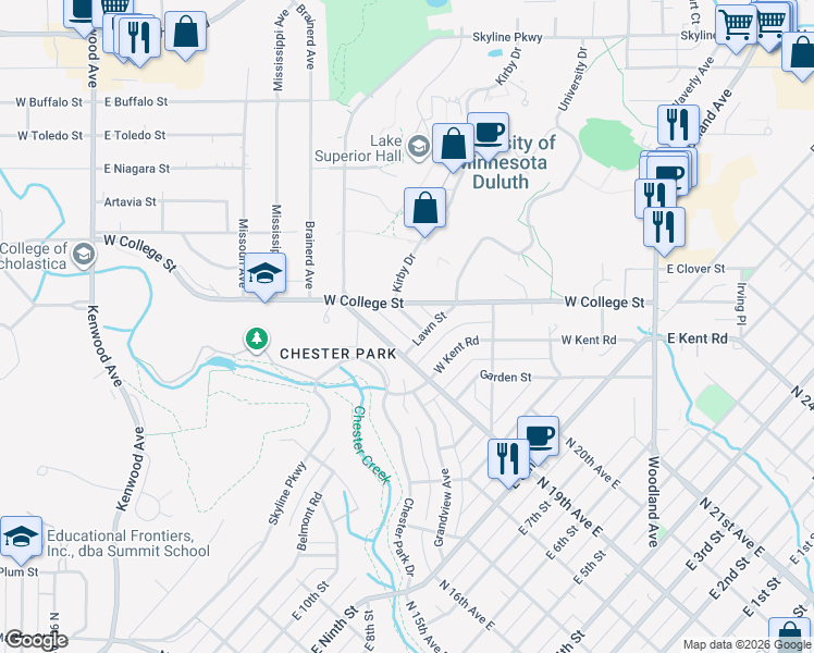 map of restaurants, bars, coffee shops, grocery stores, and more near 1230 North Country National Scenic Trail in Duluth