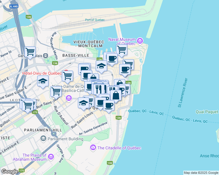 map of restaurants, bars, coffee shops, grocery stores, and more near 20 Rue Port Dauphin in Quebec