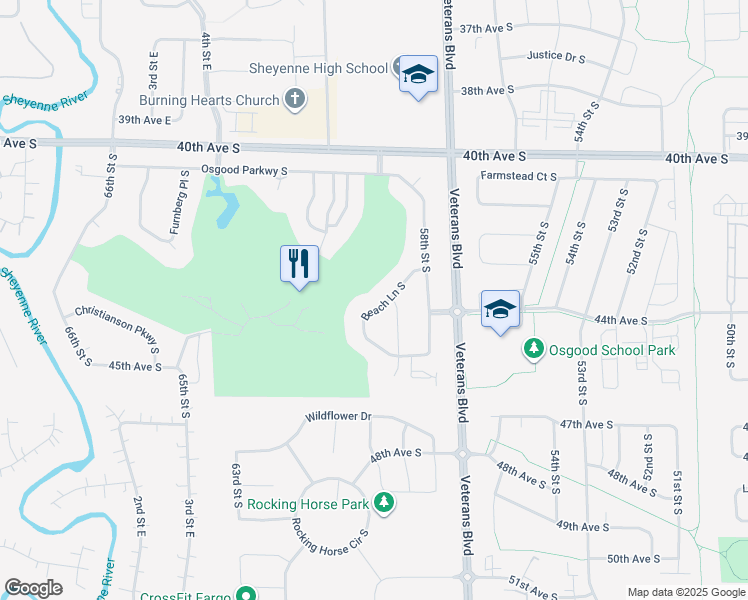 map of restaurants, bars, coffee shops, grocery stores, and more near 4411 Beach Lane South in Fargo