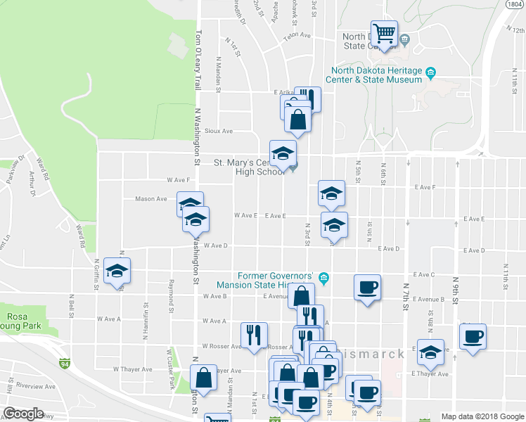 map of restaurants, bars, coffee shops, grocery stores, and more near 903 North 1st Street in Bismarck