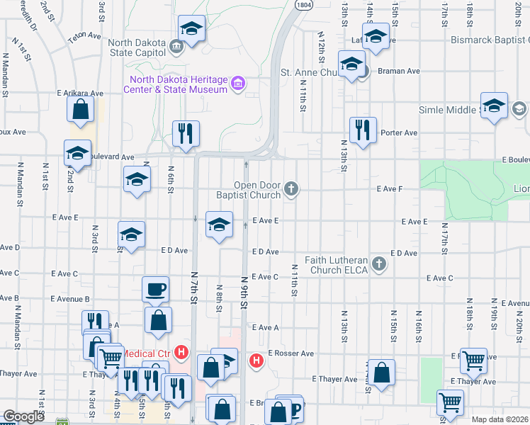 map of restaurants, bars, coffee shops, grocery stores, and more near 904 North 10th Street in Bismarck
