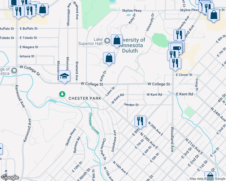 map of restaurants, bars, coffee shops, grocery stores, and more near 1924 Lawn Street in Duluth