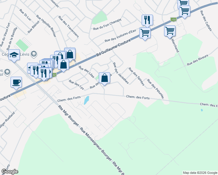 map of restaurants, bars, coffee shops, grocery stores, and more near 1157 Rue des Pourpiers in Lévis