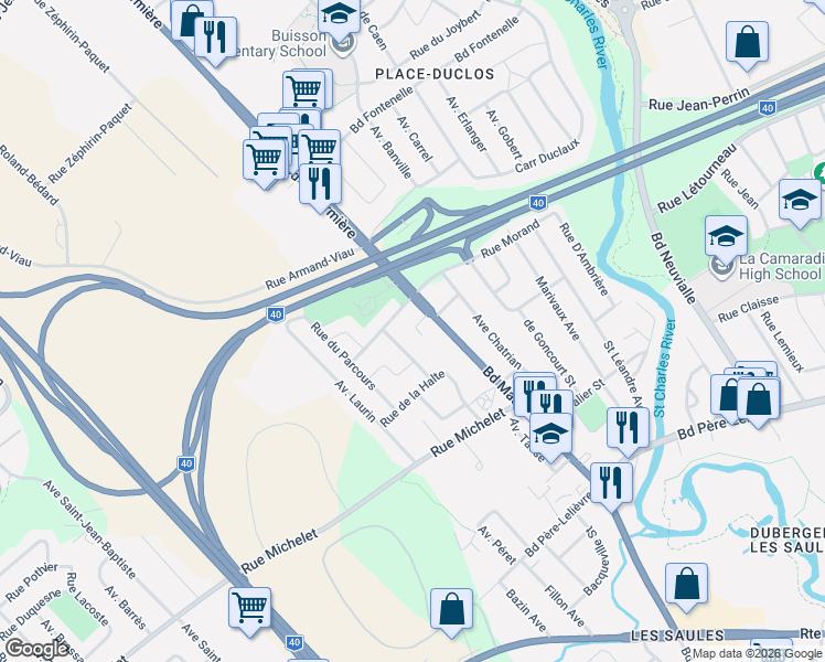 map of restaurants, bars, coffee shops, grocery stores, and more near 4145 Rue du Cresson in Québec