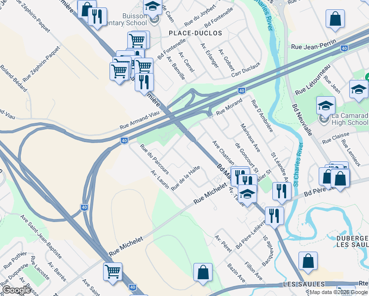 map of restaurants, bars, coffee shops, grocery stores, and more near 4145 Rue du Cresson in Québec