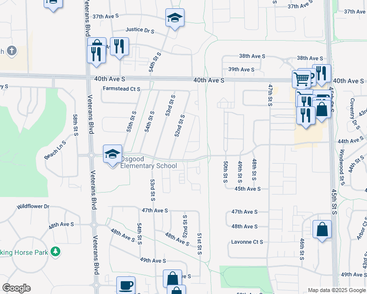 map of restaurants, bars, coffee shops, grocery stores, and more near 4290 52nd Street South in Fargo
