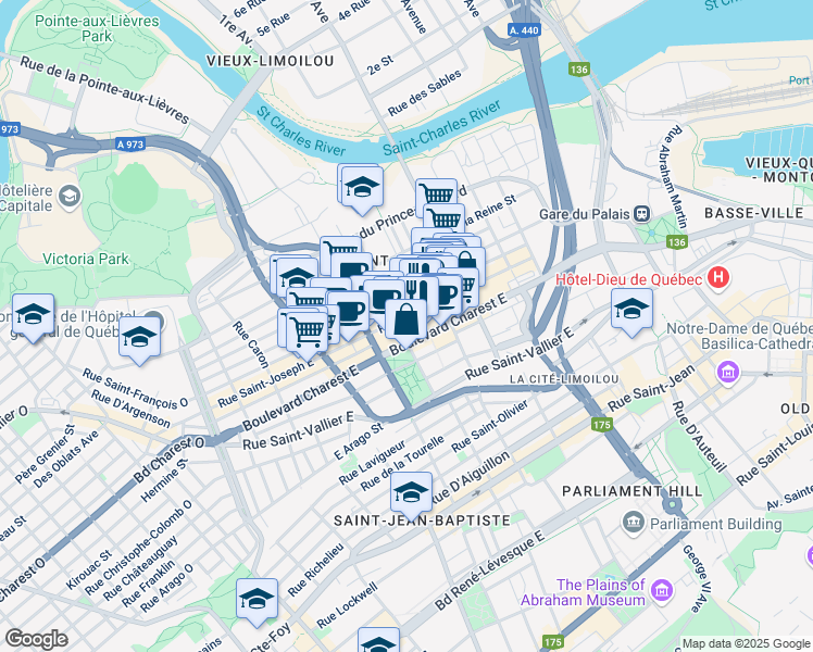 map of restaurants, bars, coffee shops, grocery stores, and more near 535 Rue Saint-François Est in Québec
