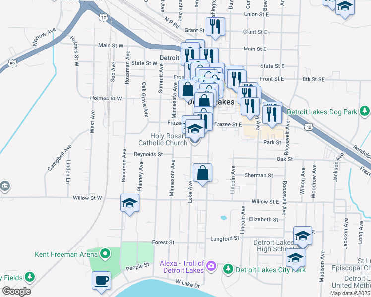 map of restaurants, bars, coffee shops, grocery stores, and more near 1036 Lake Avenue in Detroit Lakes