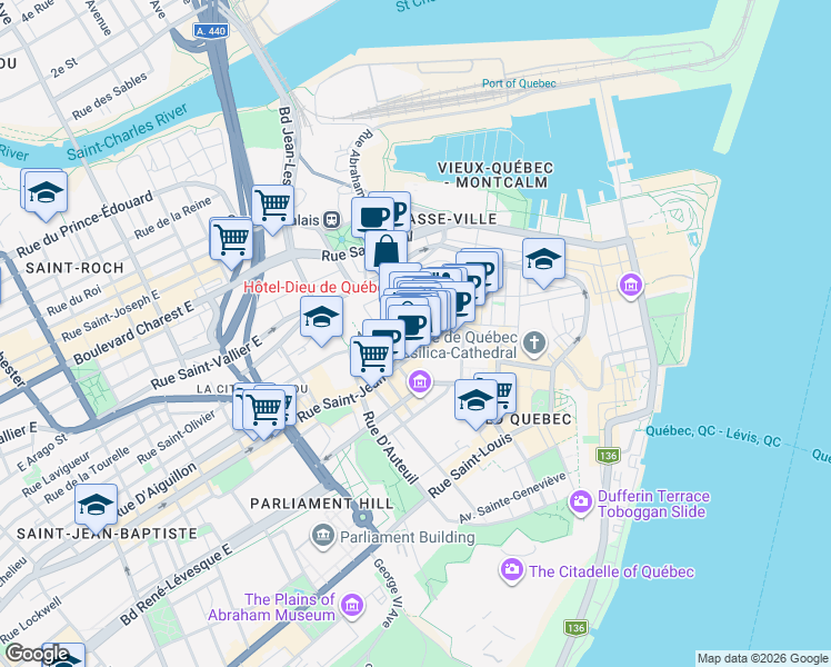 map of restaurants, bars, coffee shops, grocery stores, and more near 6 Rue des Remparts in Québec