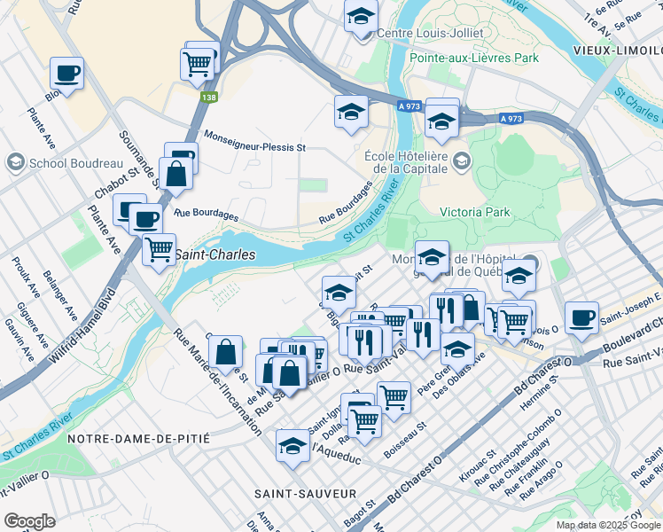 map of restaurants, bars, coffee shops, grocery stores, and more near 415 Rue Père Lacombe in Québec