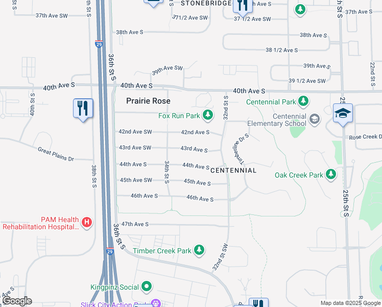 map of restaurants, bars, coffee shops, grocery stores, and more near 3311 43rd Avenue South in Fargo