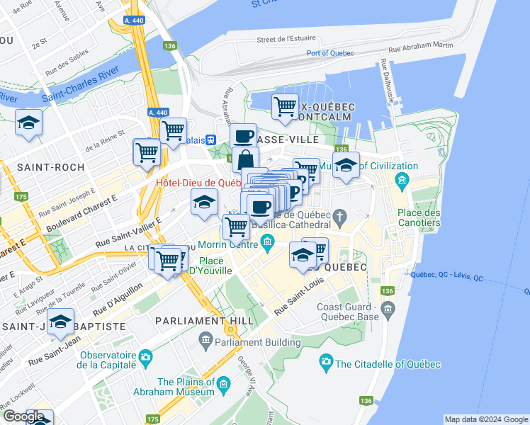 map of restaurants, bars, coffee shops, grocery stores, and more near 48 Côte du Palais in Québec