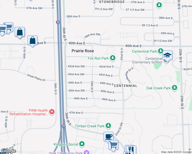 map of restaurants, bars, coffee shops, grocery stores, and more near 3337 43rd Ave S in Fargo