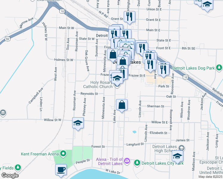 map of restaurants, bars, coffee shops, grocery stores, and more near 1036 Lake Avenue in Detroit Lakes
