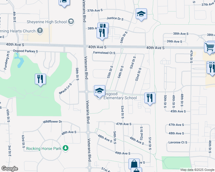 map of restaurants, bars, coffee shops, grocery stores, and more near 4366 55th Street South in Fargo