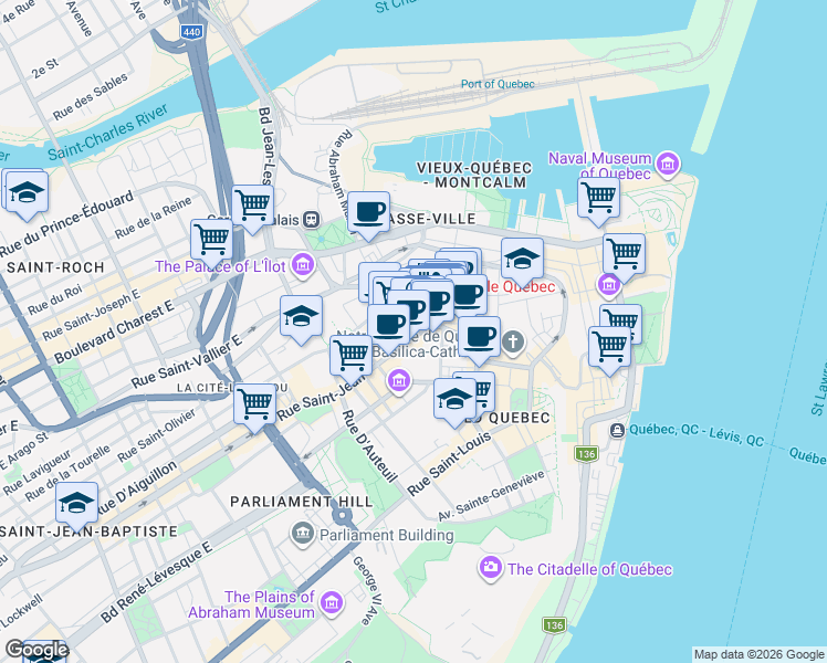 map of restaurants, bars, coffee shops, grocery stores, and more near 29 Côte du Palais in Québec