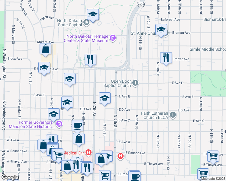 map of restaurants, bars, coffee shops, grocery stores, and more near 928 North 9th Street in Bismarck
