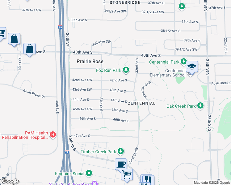map of restaurants, bars, coffee shops, grocery stores, and more near 3311 43rd Avenue South in Fargo