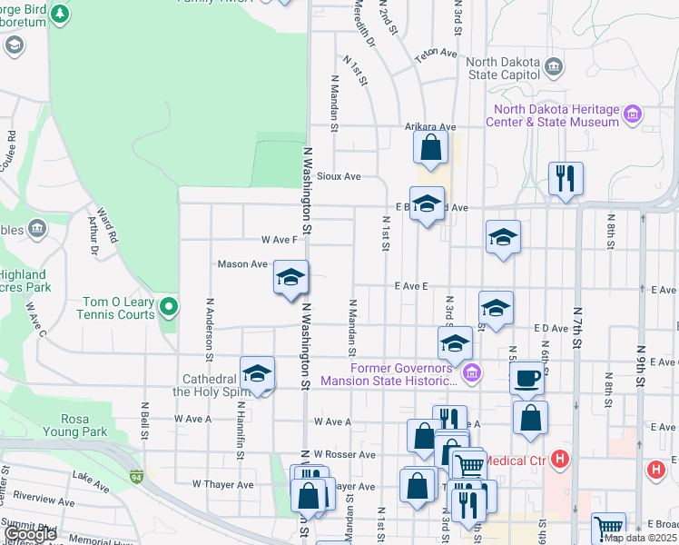 map of restaurants, bars, coffee shops, grocery stores, and more near 920 North Mandan Street in Bismarck