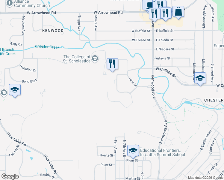 map of restaurants, bars, coffee shops, grocery stores, and more near 1001 Kenwood Avenue in Duluth