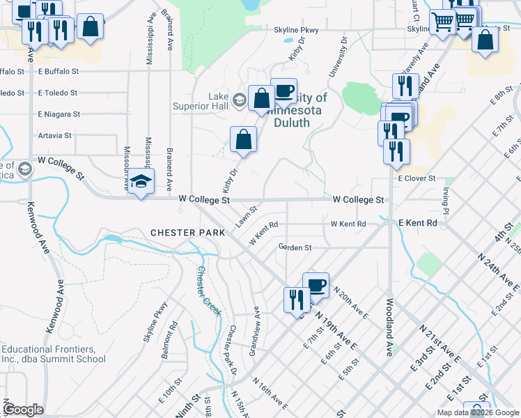 map of restaurants, bars, coffee shops, grocery stores, and more near 1932 Lawn Street in Duluth