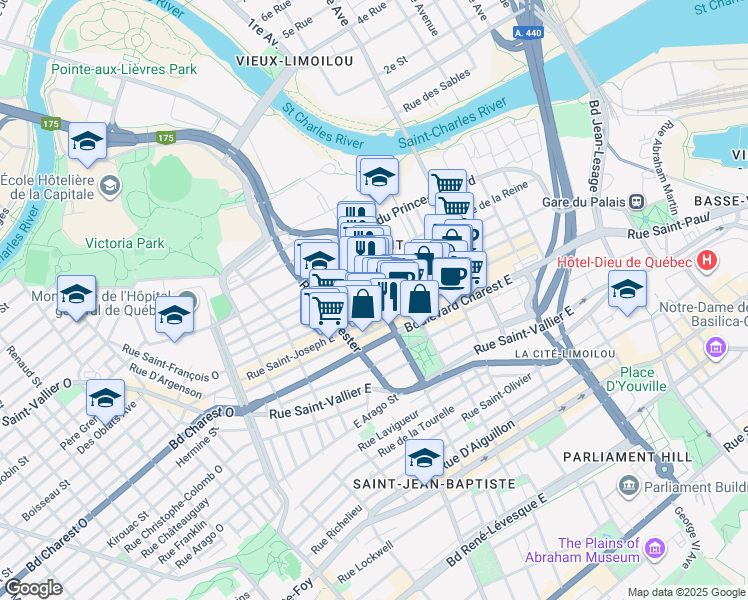 map of restaurants, bars, coffee shops, grocery stores, and more near 380 Rue de la Couronne in Québec