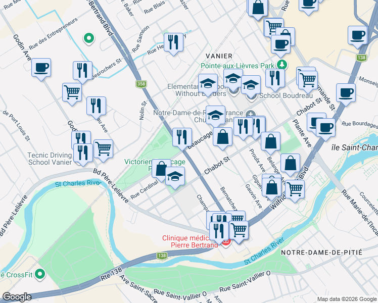 map of restaurants, bars, coffee shops, grocery stores, and more near 300 Boulevard Pierre-Bertrand in Québec City