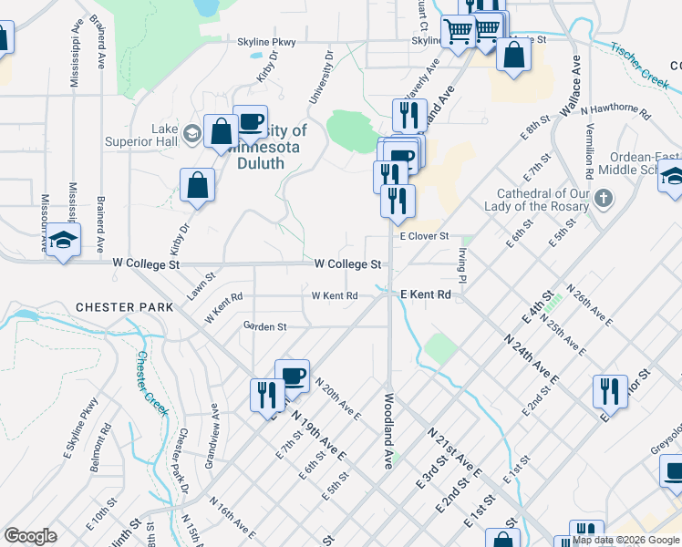 map of restaurants, bars, coffee shops, grocery stores, and more near in Duluth