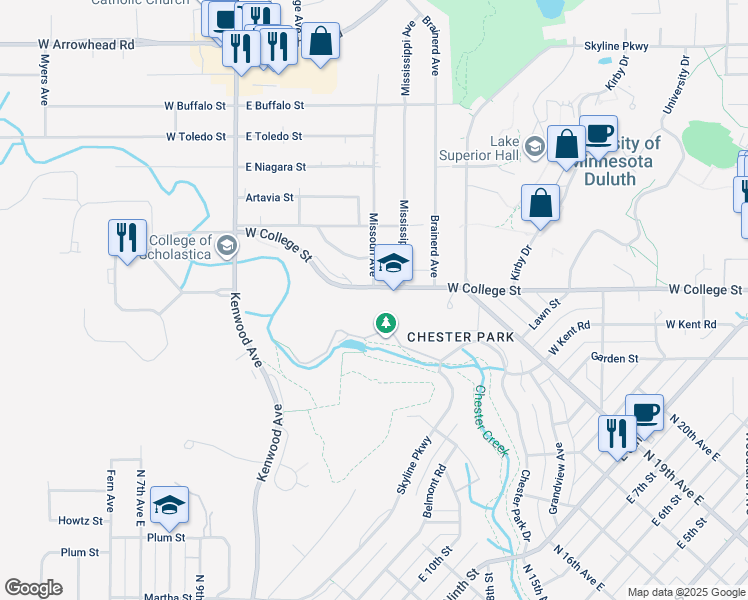 map of restaurants, bars, coffee shops, grocery stores, and more near 714 West College Street in Duluth
