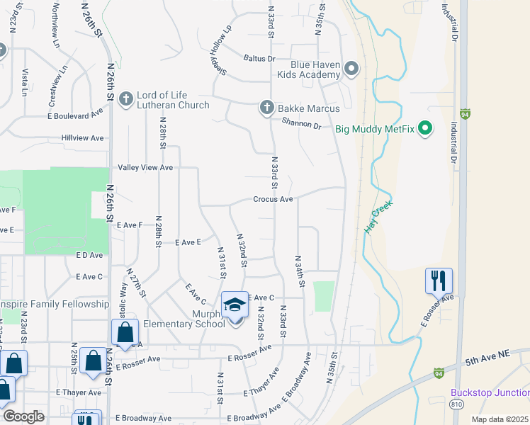 map of restaurants, bars, coffee shops, grocery stores, and more near 3237 Crocus Avenue in Bismarck