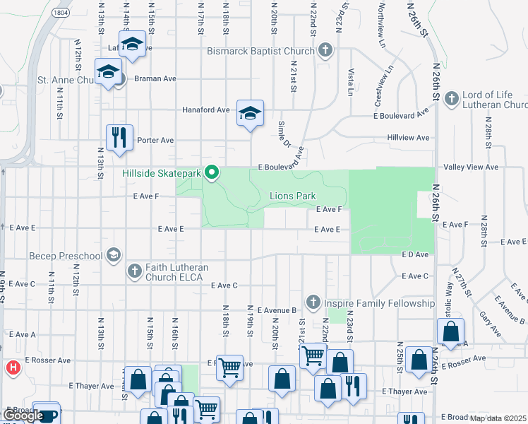map of restaurants, bars, coffee shops, grocery stores, and more near 998 Lora Street in Bismarck