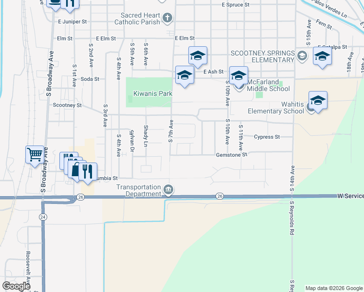 map of restaurants, bars, coffee shops, grocery stores, and more near 705 Gemstone Street in Othello