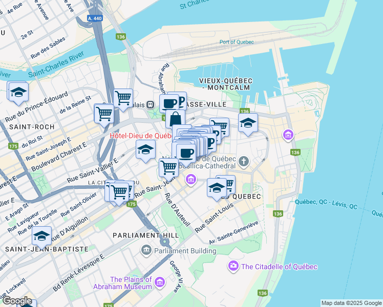 map of restaurants, bars, coffee shops, grocery stores, and more near 29 Côte du Palais in Québec