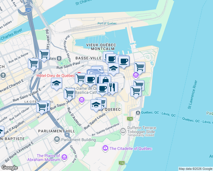 map of restaurants, bars, coffee shops, grocery stores, and more near 38 Rue Sainte-Famille in Quebec